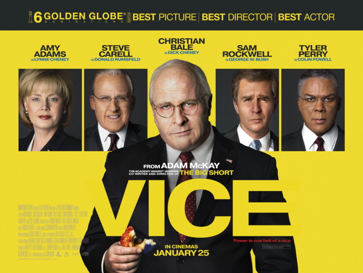 Cartaz do filme Vice. Sobre fundo amarelo, fotografias mostram os principais atores da produção. Em primeiro plano, aparece Christian Bale, o protagonista. Esse filme tem muitas questões sobre gatilhos mentais. 