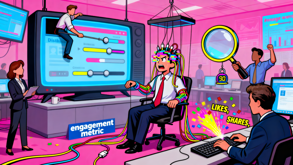 Ilustração satírica de campanha política dependente de tecnologia: candidato conectado a cabos digitais cercado por equipe obcecada com dashboards e métricas de engajamento