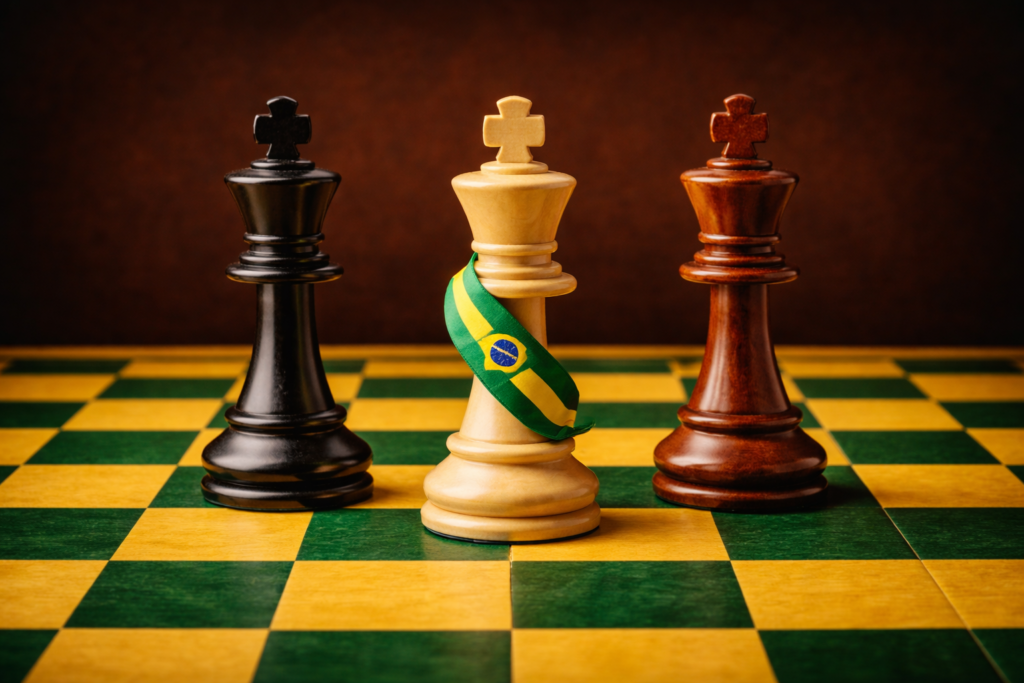 abuleiro de xadrez verde e amarelo com três reis, sendo o central com faixa presidencial brasileira, representando a disputa de poder nas eleições de 2026.