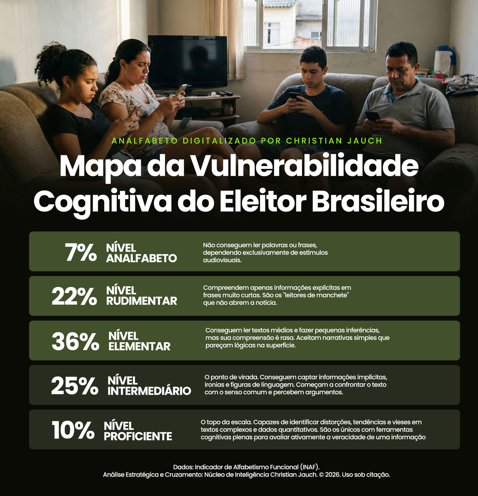 Infográfico de cinco quadros baseado em dados do INAF 2024, detalhando os níveis de alfabetismo funcional da população brasileira (Analfabeto, Rudimentar, Elementar, Intermediário e Proficiente) e sua relação com a interpretação de informação digital.