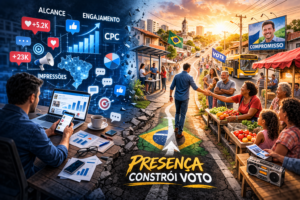 magem dividida entre análise de métricas digitais de campanha e candidato interagindo com eleitores na rua, destacando que presença territorial constrói voto.