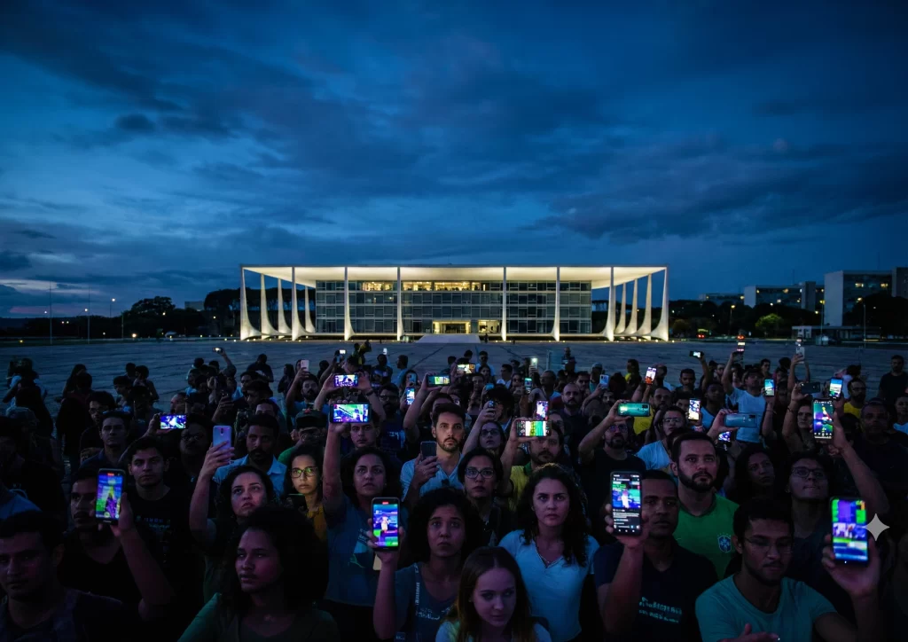 Fotografia conceitual e noturna mostrando, em primeiro plano, uma multidão no escuro com os rostos iluminados apenas pelo brilho das telas de smartphones. Ao fundo, distante e iluminado, está o prédio do Tribunal Superior Eleitoral (TSE) em Brasília.