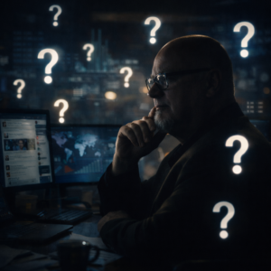 Estrategista político careca com barbicha no queixo refletindo diante de telas e pontos de interrogação luminosos, simbolizando pensamento estratégico e questionamento antes da comunicação.