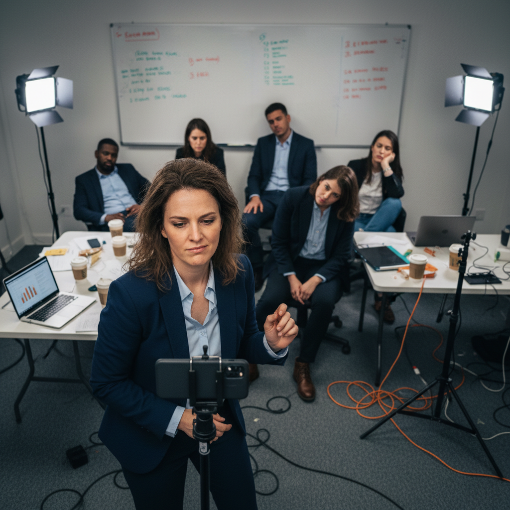 candidata cansada gravando vídeo político com equipe exausta ao fundo