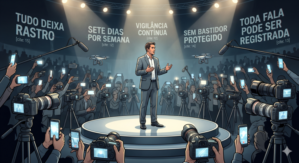 Político em palco cercado por câmeras, celulares e drones sob vigilância constante da mídia e do público