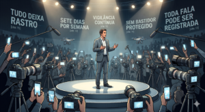 Político em palco cercado por câmeras, celulares e drones sob vigilância constante da mídia e do público
