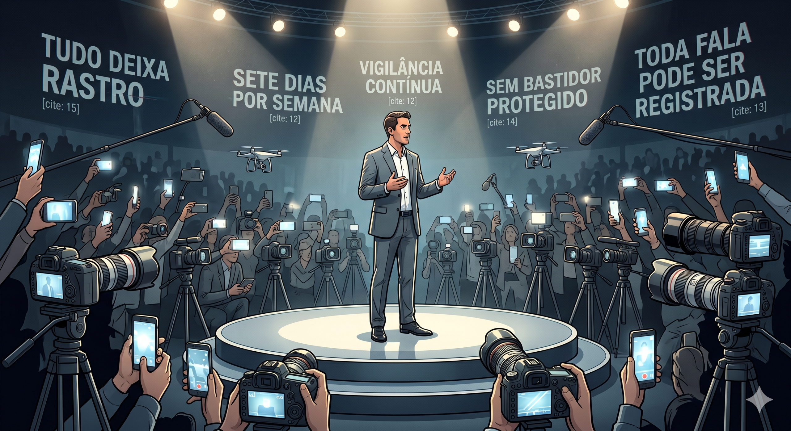 Político em palco cercado por câmeras, celulares e drones sob vigilância constante da mídia e do público