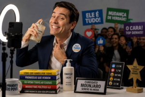 Homem vestido como candidato político sorri de forma exagerada diante de uma câmera e iluminação de influenciador digital, cercado por objetos que simbolizam marketing, popularidade e busca por aprovação pública.