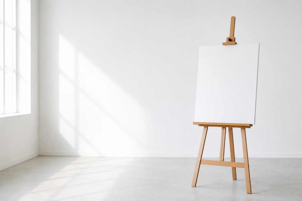 Tela de pintura em branco sobre um cavalete em um ambiente minimalista e iluminado, simbolizando o início do planejamento de uma campanha política.