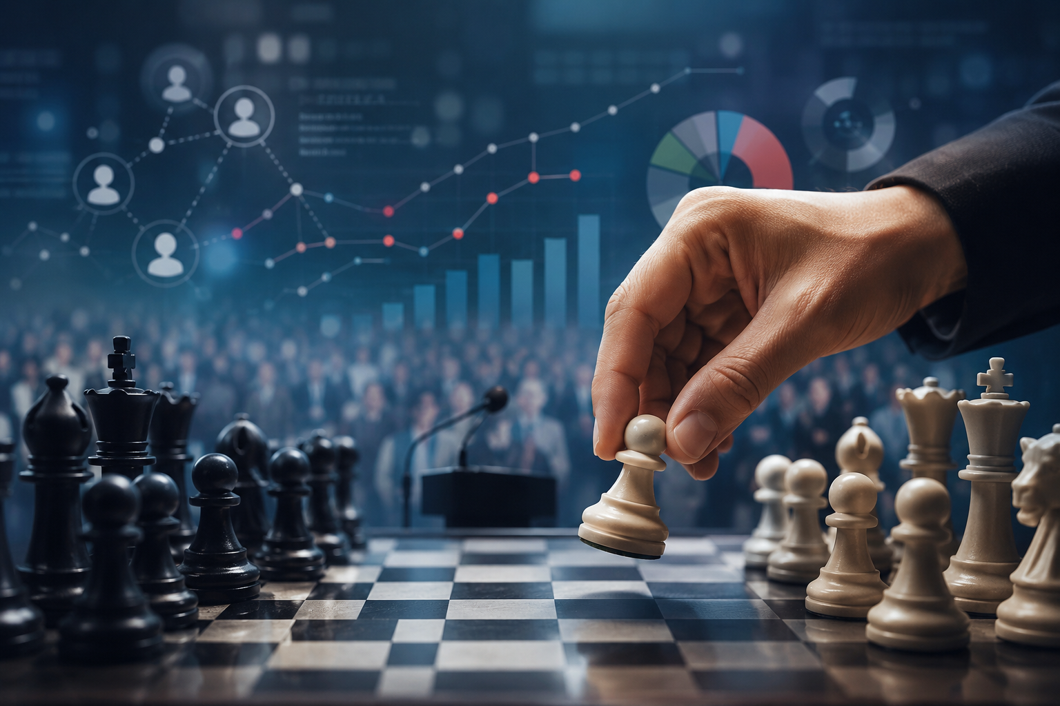 Mão movimentando uma peça de xadrez sobre um tabuleiro, com elementos gráficos ao fundo, representando escolhas estratégicas, planejamento e a construção de vitórias políticas que vão além do resultado das urnas.