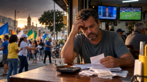 Homem preocupado analisa contas em uma lanchonete, enquanto militantes políticos agitam bandeiras na rua e televisores exibem notícias e futebol ao fundo.