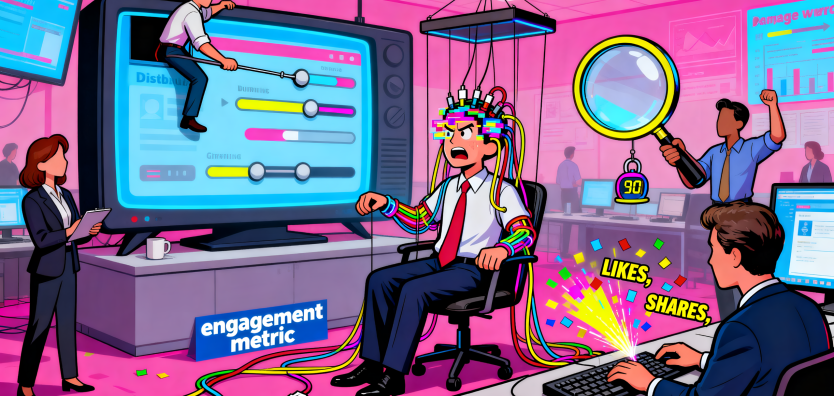 Ilustração satírica de campanha política dependente de tecnologia: candidato conectado a cabos digitais cercado por equipe obcecada com dashboards e métricas de engajamento