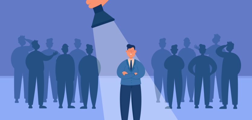 Chosen candidate standing under light of flashlight. Winner or leader in crowd of people looking for job, business opportunity flat vector illustration. Promotion, achievement, success concept