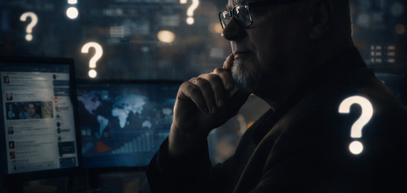 Estrategista político careca com barbicha no queixo refletindo diante de telas e pontos de interrogação luminosos, simbolizando pensamento estratégico e questionamento antes da comunicação.