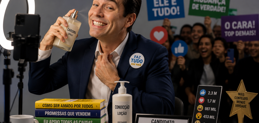 Homem vestido como candidato político sorri de forma exagerada diante de uma câmera e iluminação de influenciador digital, cercado por objetos que simbolizam marketing, popularidade e busca por aprovação pública.