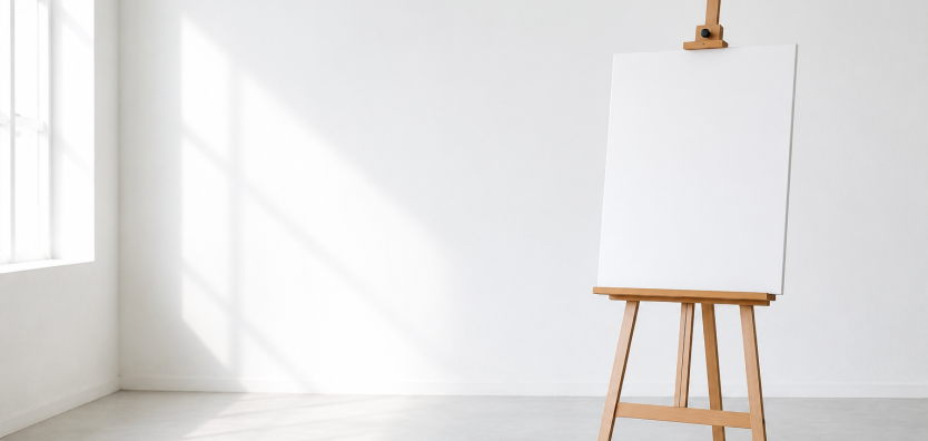 Tela de pintura em branco sobre um cavalete em um ambiente minimalista e iluminado, simbolizando o início do planejamento de uma campanha política.