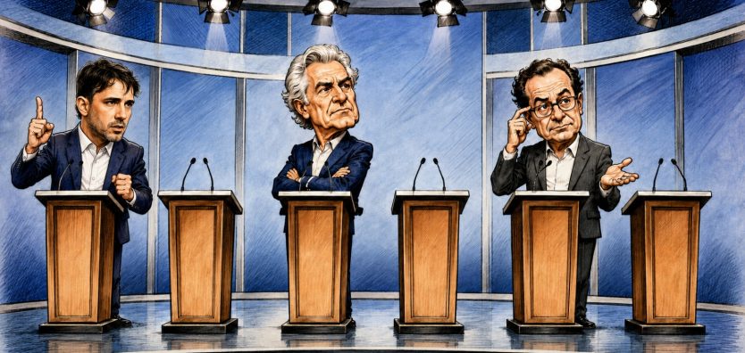 O primeiro debate presidencial de 2026 seis púlpitos, três candidatos e muitas ausências. Ilustração editorial inspirada no registro fotográfico de Daniel TeixeiraEstadão.