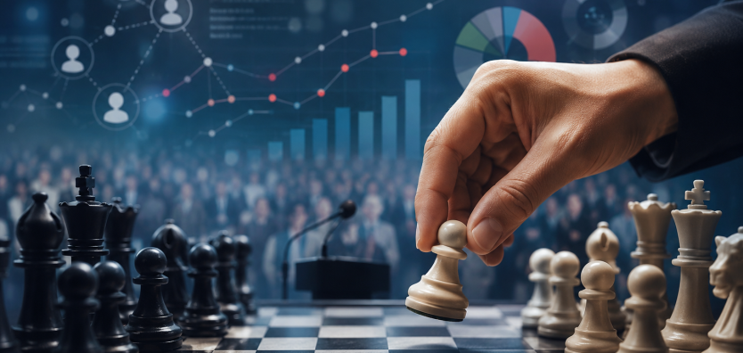 Mão movimentando uma peça de xadrez sobre um tabuleiro, com elementos gráficos ao fundo, representando escolhas estratégicas, planejamento e a construção de vitórias políticas que vão além do resultado das urnas.