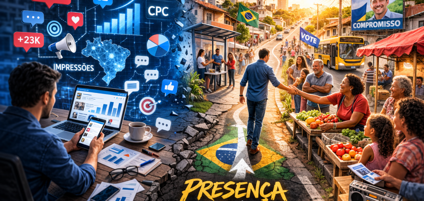 magem dividida entre análise de métricas digitais de campanha e candidato interagindo com eleitores na rua, destacando que presença territorial constrói voto.