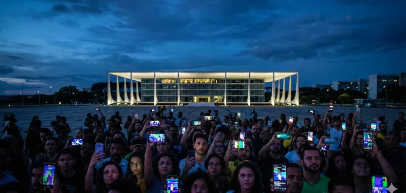 Fotografia conceitual e noturna mostrando, em primeiro plano, uma multidão no escuro com os rostos iluminados apenas pelo brilho das telas de smartphones. Ao fundo, distante e iluminado, está o prédio do Tribunal Superior Eleitoral (TSE) em Brasília.