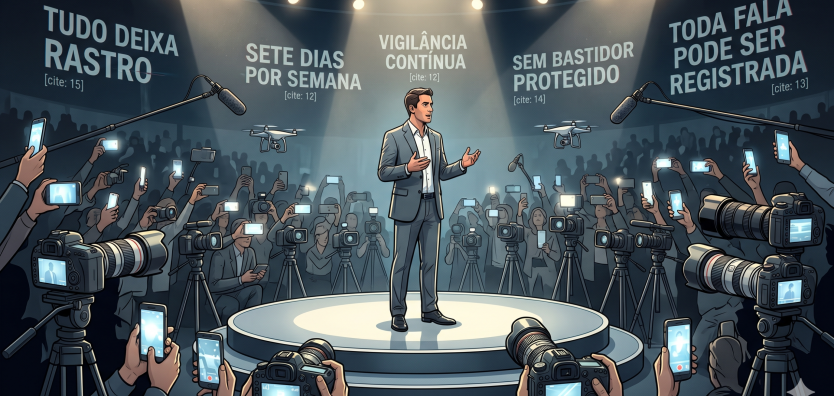 Político em palco cercado por câmeras, celulares e drones sob vigilância constante da mídia e do público