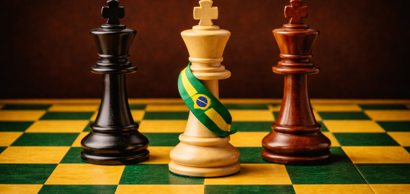 abuleiro de xadrez verde e amarelo com três reis, sendo o central com faixa presidencial brasileira, representando a disputa de poder nas eleições de 2026.